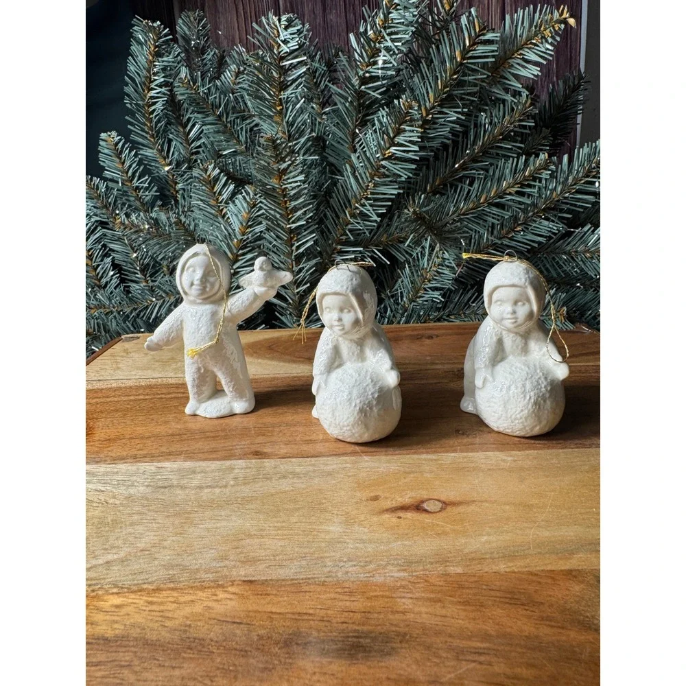 Ceramic Snow Children Christmas Ornaments Set 3 White Vintage Style 3 Inch